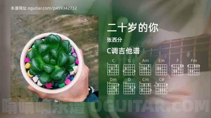 《二十岁的你》吉他谱,简单C调弹唱教学,原版张西分歌曲,4张六线指弹简谱图