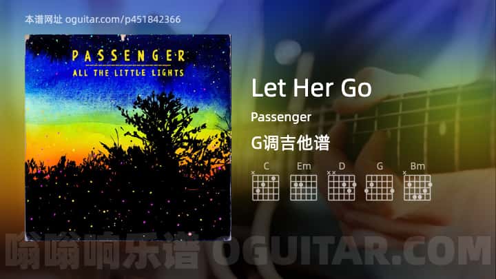 《Let Her Go》吉他谱,简单G调弹唱教学,原版Passenger歌曲,6张六线指弹简谱图