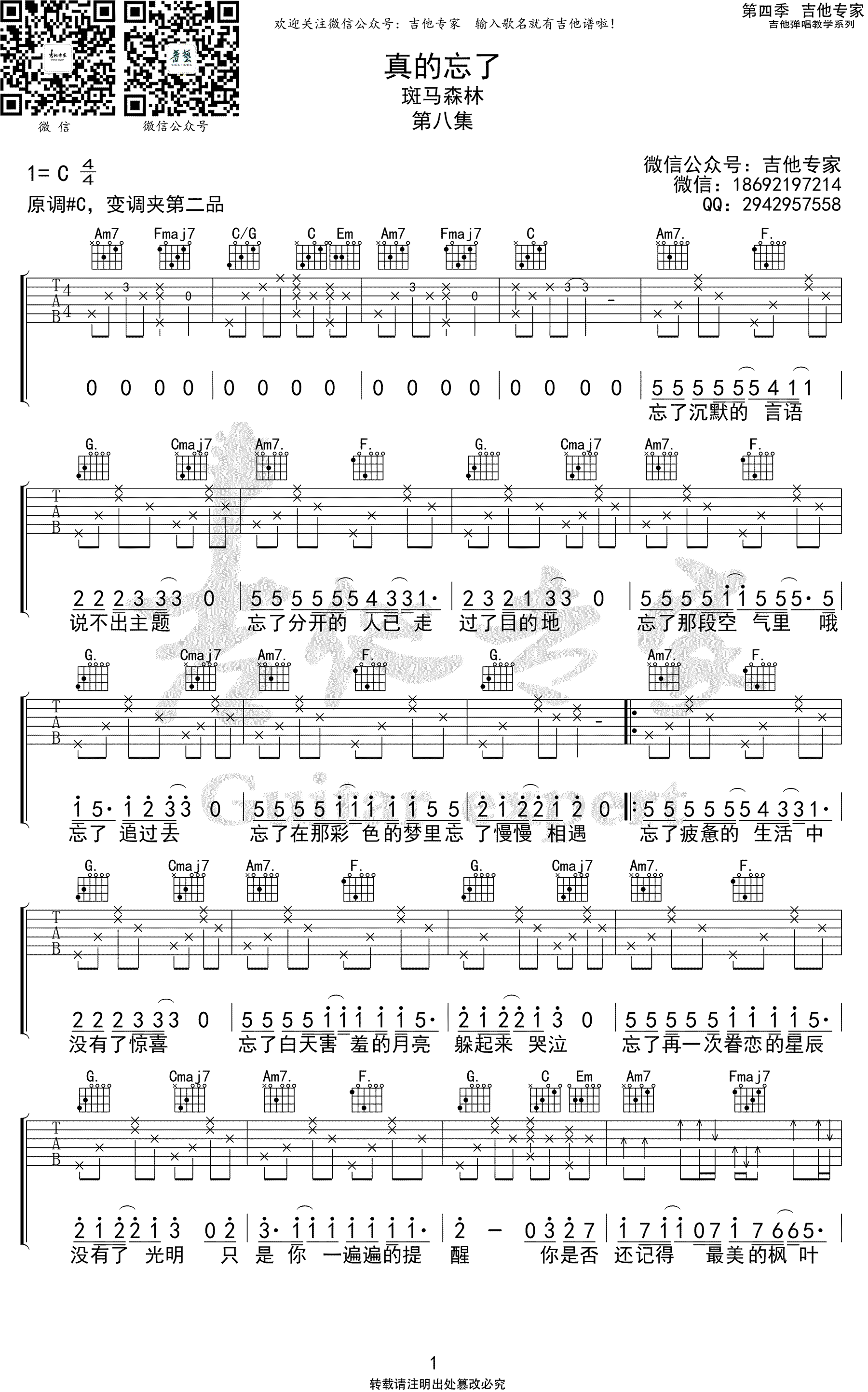 斑马森林《真的忘了》,李家豪歌曲,简单指弹教学简谱,吉他专家六线谱图片