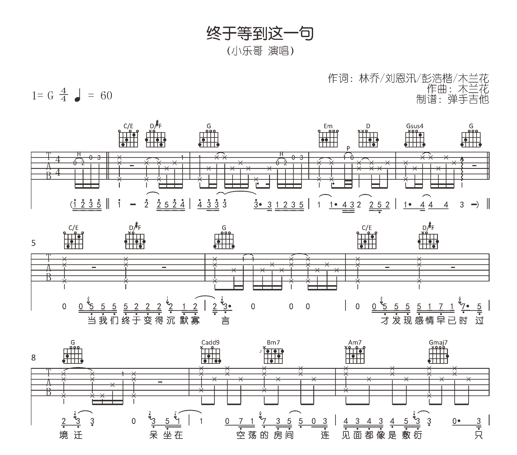 终于等到这一句吉他谱,林乔/木兰歌曲,简单指弹教学简谱,弹手吉他六线谱图片