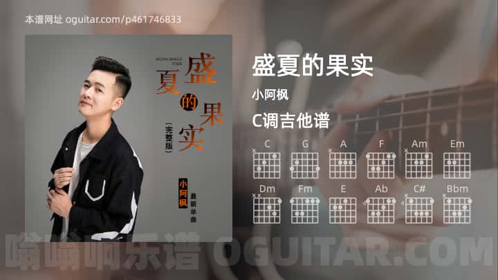 《盛夏的果实》吉他谱,简单C调弹唱教学,原版小阿枫歌曲,4张六线指弹简谱图