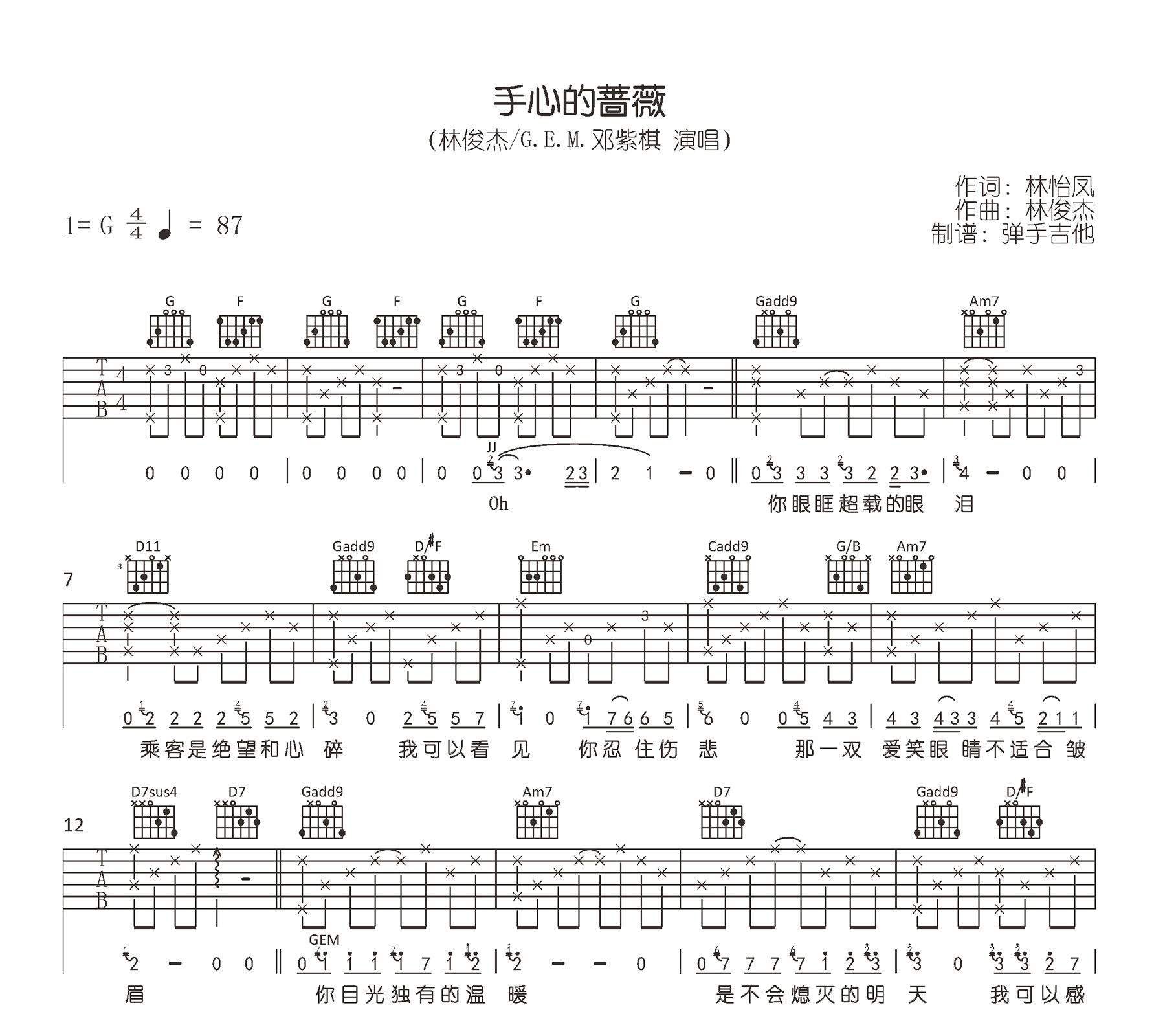手心的蔷薇吉他谱,林怡凤林俊歌曲,简单指弹教学简谱,弹手吉他六线谱图片