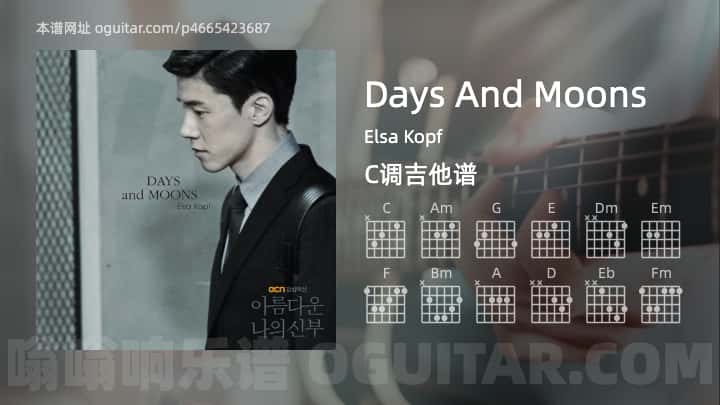 《Days And Moons》吉他谱,简单C调弹唱教学,原版Elsa Kopf歌曲,4张六线指弹简谱图