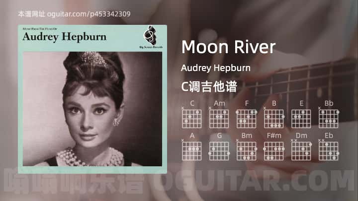 《Moon River》吉他谱,简单C调弹唱教学,原版Audrey Hepburn歌曲,2张六线指弹简谱图